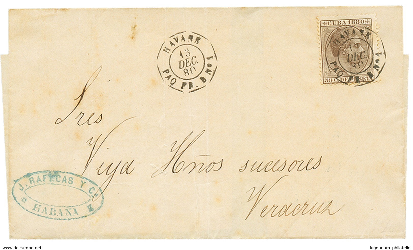 1880 CUBA 50c Obl. HAVANE PAQ FR. B N°1 Sur Lettre Pour VERA-CRUZ (MEXIQUE). Oblitération Rarissime Sur Timbre De CUBA.  - Schiffspost