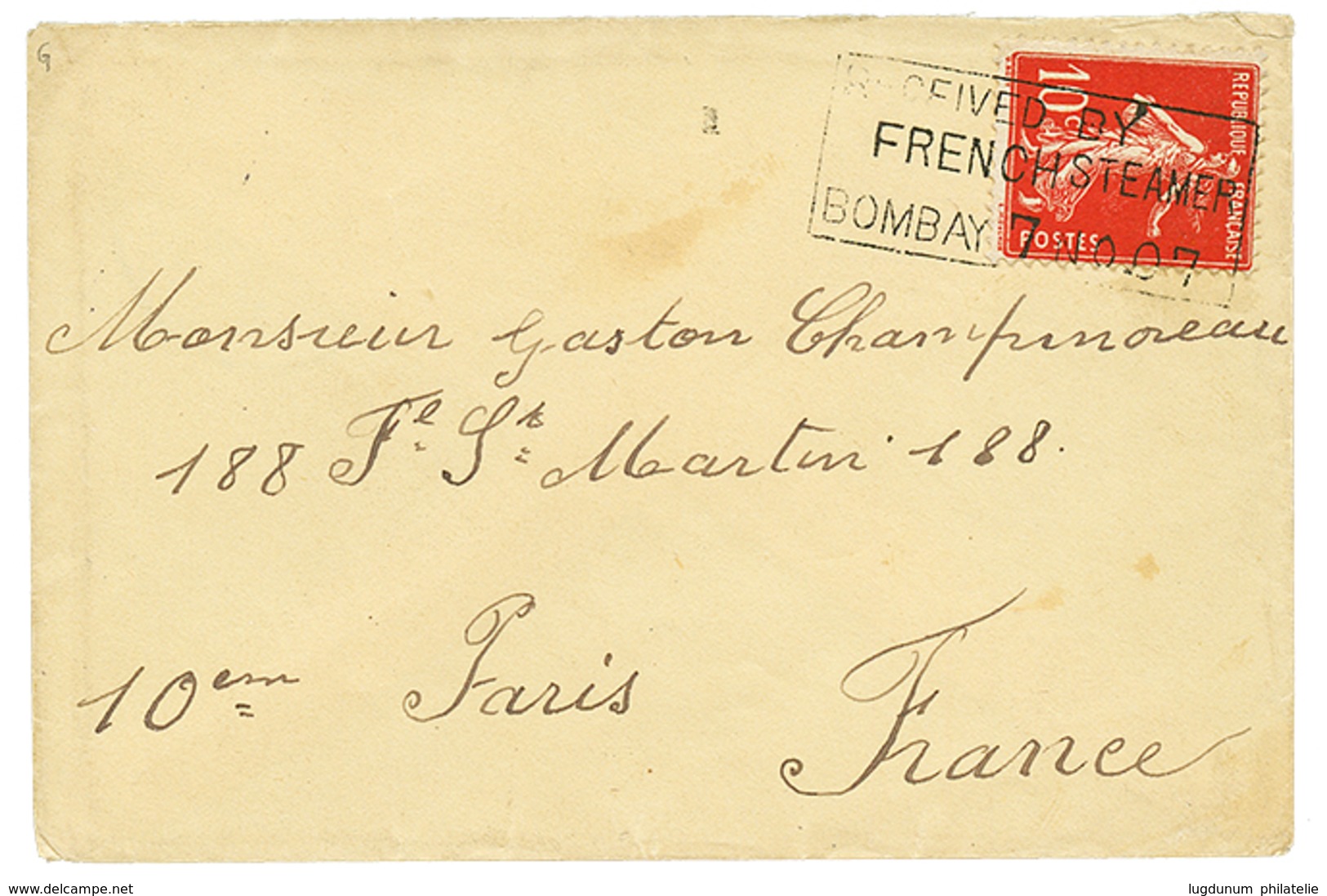 1907 10c SEMEUSE Obl. Trés Rare Cachet Encadré RECEIVED BY FRENCH STEAMER BOMBAY Sur Lettre Pour PARIS. TTB. - Schiffspost