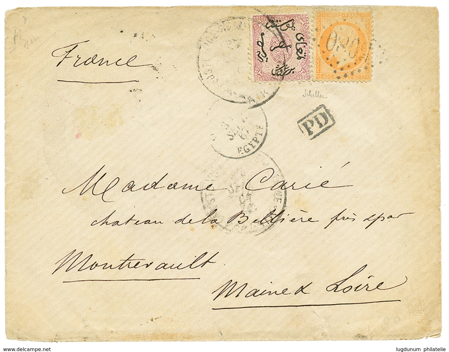 1867 FRANCE 40c Obl. GC 5080 + ALEXANDRIE EGYPTE + EGYPTE 1P Obl. CAIRO Sur Enveloppe Pour La FRANCE. Affrt MIXTE Rare A - Sonstige & Ohne Zuordnung