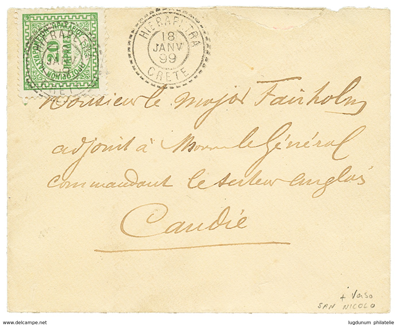 CRETE : 1899 TIMBRE TAXE Grec 20l Obl. Cachet Du Bureau Français De HIERAPETRA Sur Enveloppe Pour CANDIE. Verso, Cachet  - Sonstige & Ohne Zuordnung