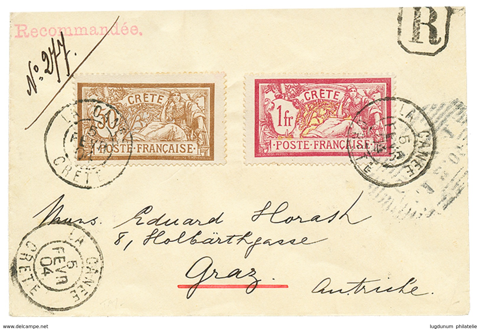 CRETE : 1904 MERSON 50c + 1F Obl. LA CANEE CRETE Sur Enveloppe RECOMMANDEE Pour L' AUTRICHE. Superbe. - Sonstige & Ohne Zuordnung