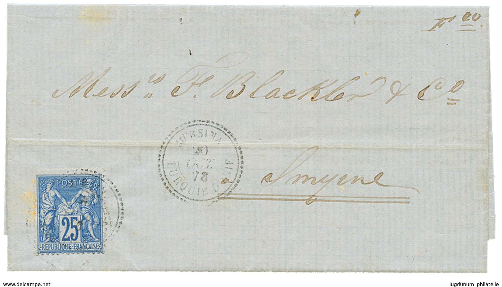 "MERSINA" : 1878 25c SAGE Bleu Obl. MERSINA TURQUIE D'ASIE Sur Lettre Pour SMYRNE. TB. - Sonstige & Ohne Zuordnung