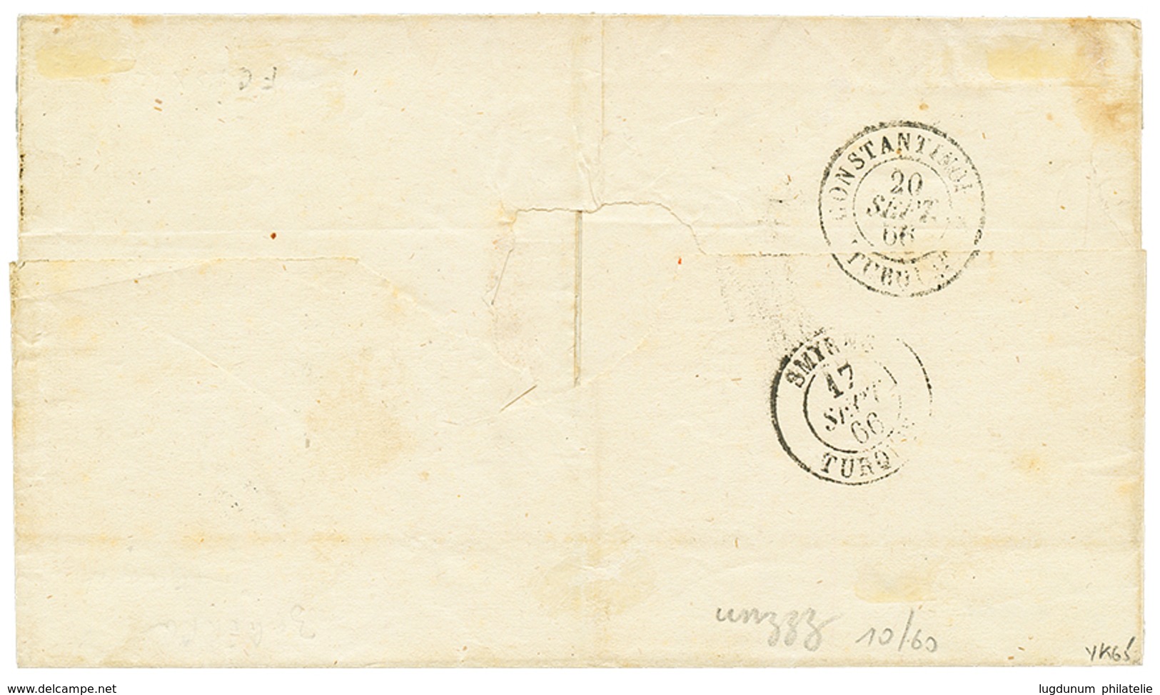 RHODES : 1866 10c(n°21)x4 Obl. GC 5094 + RHODES TURQUIE Sur Lettre Pour CONSTANTINOPLE. Léger Pli Sur 1 Timbre. Combinai - Sonstige & Ohne Zuordnung