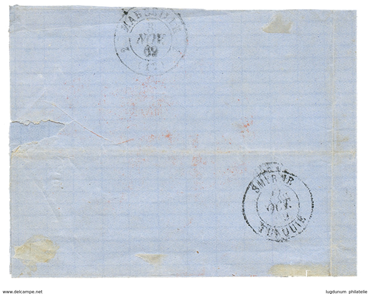 RHODES : 1869 40c(n°31) Obl. GC 5094 + RHODES TURQUIE Sur Lettre Incomplète Pour La FRANCE. Verso, SMIRNE. Cote 1500€. T - Sonstige & Ohne Zuordnung