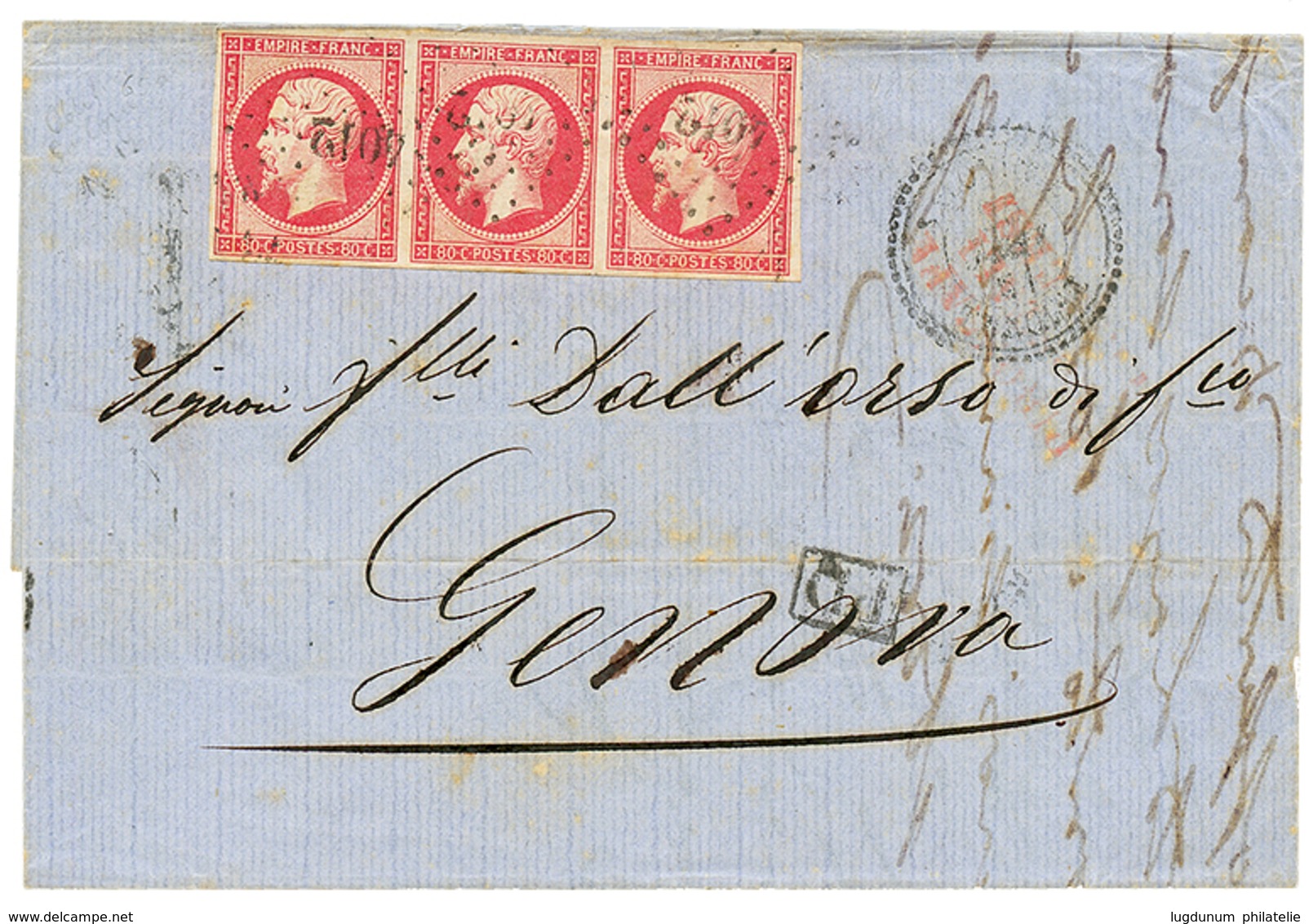 1861 Superbe Bande De 3 Du 80c NON DENTELE (n°17) Obl. PC 4012 Sur Lettre De SALONIQUE Pour L' ITALIE. TB. - Sonstige & Ohne Zuordnung