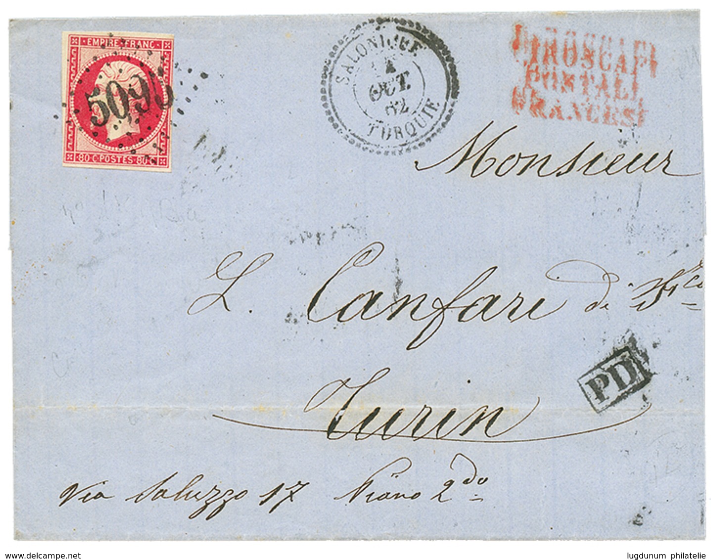 1862 80c NON DENTELE (n°17) Obl. GC 5095 + SALONIQUE TURQUIE Sur Lettre Pour L' ITALIE. TB. - Altri & Non Classificati