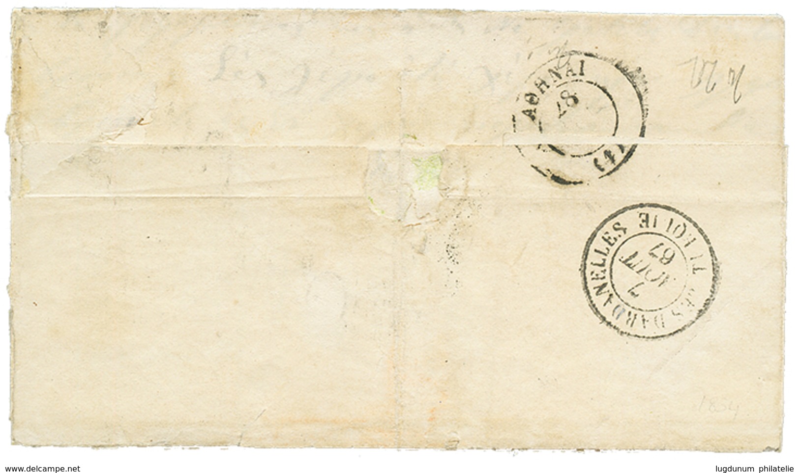 1867 GRECE 10l + 20l + Cachet Français SALONIQUE TURQUIE Sur Lettre Pour La GRECE. Verso, LES DARDANELLES TURQUIE. Combi - Sonstige & Ohne Zuordnung