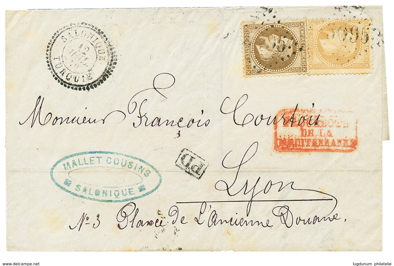 1870 10c(n°28) + 30c(n°30) Obl. GC 5095 + SALONIQUE TURQUIE Sur Lettre Pour La FRANCE. TTB. - Sonstige & Ohne Zuordnung