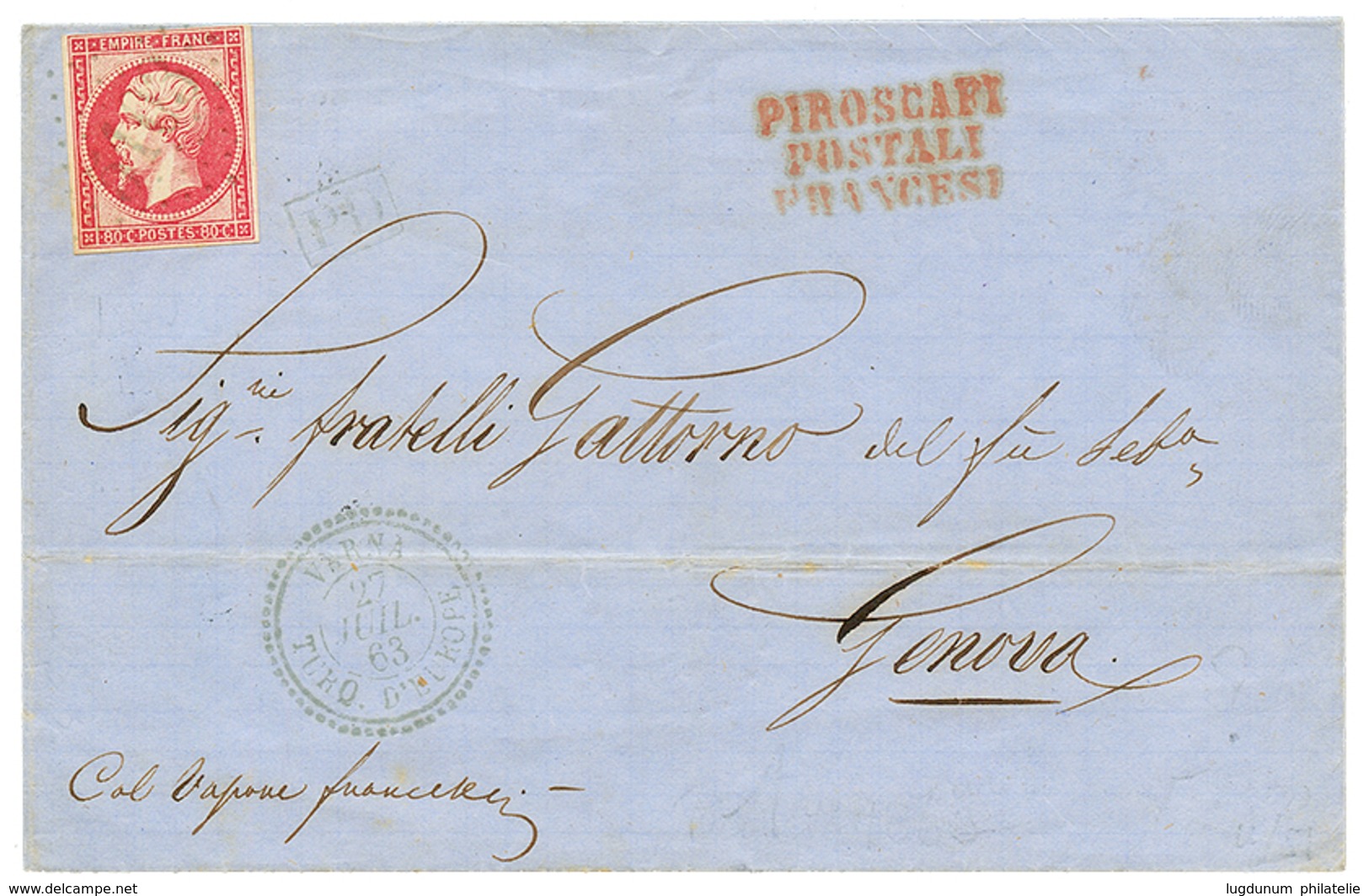 1863 80c(n°17) Obl. GC 5103 + VARNA TURQ. D' EUROPE S/ Lettre Pour L'ITALIE. GC Rare S/ NON DENTELE. TTB. - Sonstige & Ohne Zuordnung