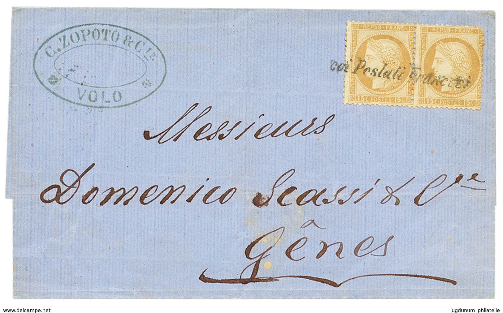 "VOLO" : 1876 Paire 15c CERES Obl. COI POSTALI FRANCESI Sur Lettre De VOLO Pour GENES(ITALIE). TTB. - Sonstige & Ohne Zuordnung