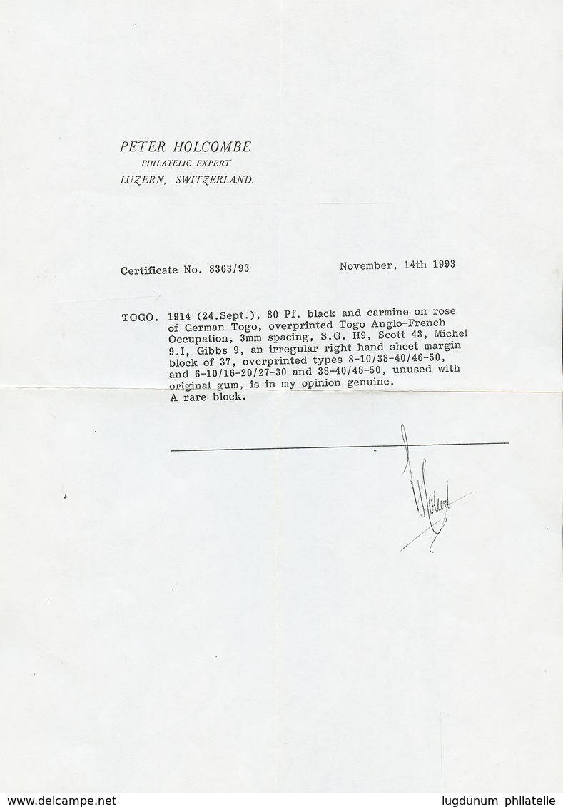 TOGO - ANGLO FRENCH OCCUPATION 80pf(n°40) Neuf Sans Charnière **. Ce Timbre Provient D'un Bloc De 37 (CERTIFICAT HOLCOMB - Other & Unclassified