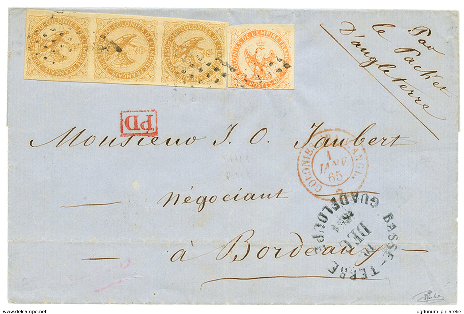 GUADELOUPE : 1864 AIGLE 10c Bande De 3 + 40c(pd) Sur Lettre De BASSE-TERRE Pour BORDEAUX. TB. - Sonstige & Ohne Zuordnung