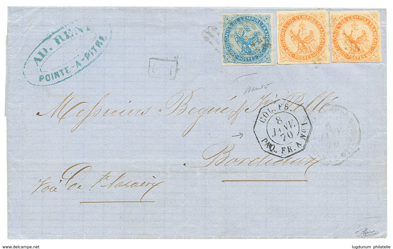 GUADELOUPE : 1870 AIGLE 20c + 40c(x2) Sur Lettre De POINTE A PITRE Pour La FRANCE. Double Port. TB. - Sonstige & Ohne Zuordnung