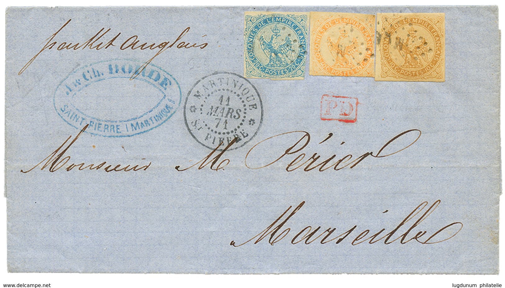 MARTINIQUE : 1871 AIGLE 10c + 20c + 40c Obl. MQE Sur Lettre De ST PIERRE Pour MARSEILLE. TB. - Sonstige & Ohne Zuordnung