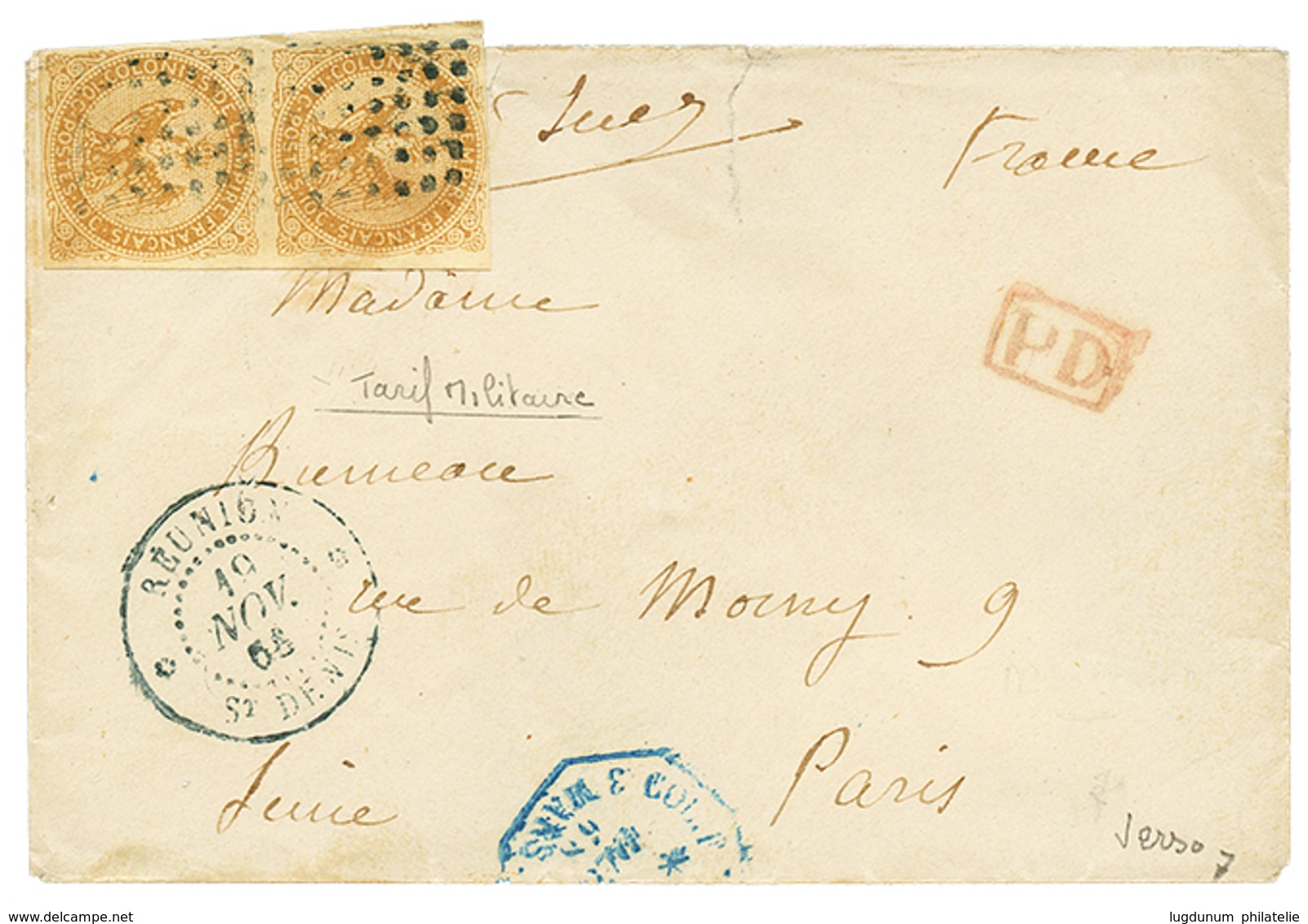 REUNION : 1868 Paire 10c AIGLE Sur Lettre Au Tarif Militaire De ST DENIS Pour La FRANCE. TB. - Sonstige & Ohne Zuordnung