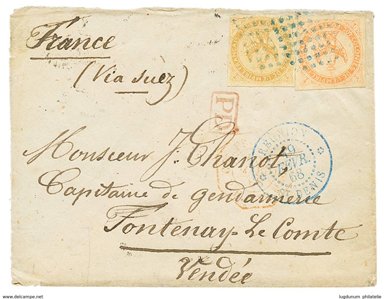 REUNION : 1868 AIGLE 10c + 40c Sur Lettre De ST DENIS Pour FONTENAY LE COMTE. TTB. - Sonstige & Ohne Zuordnung