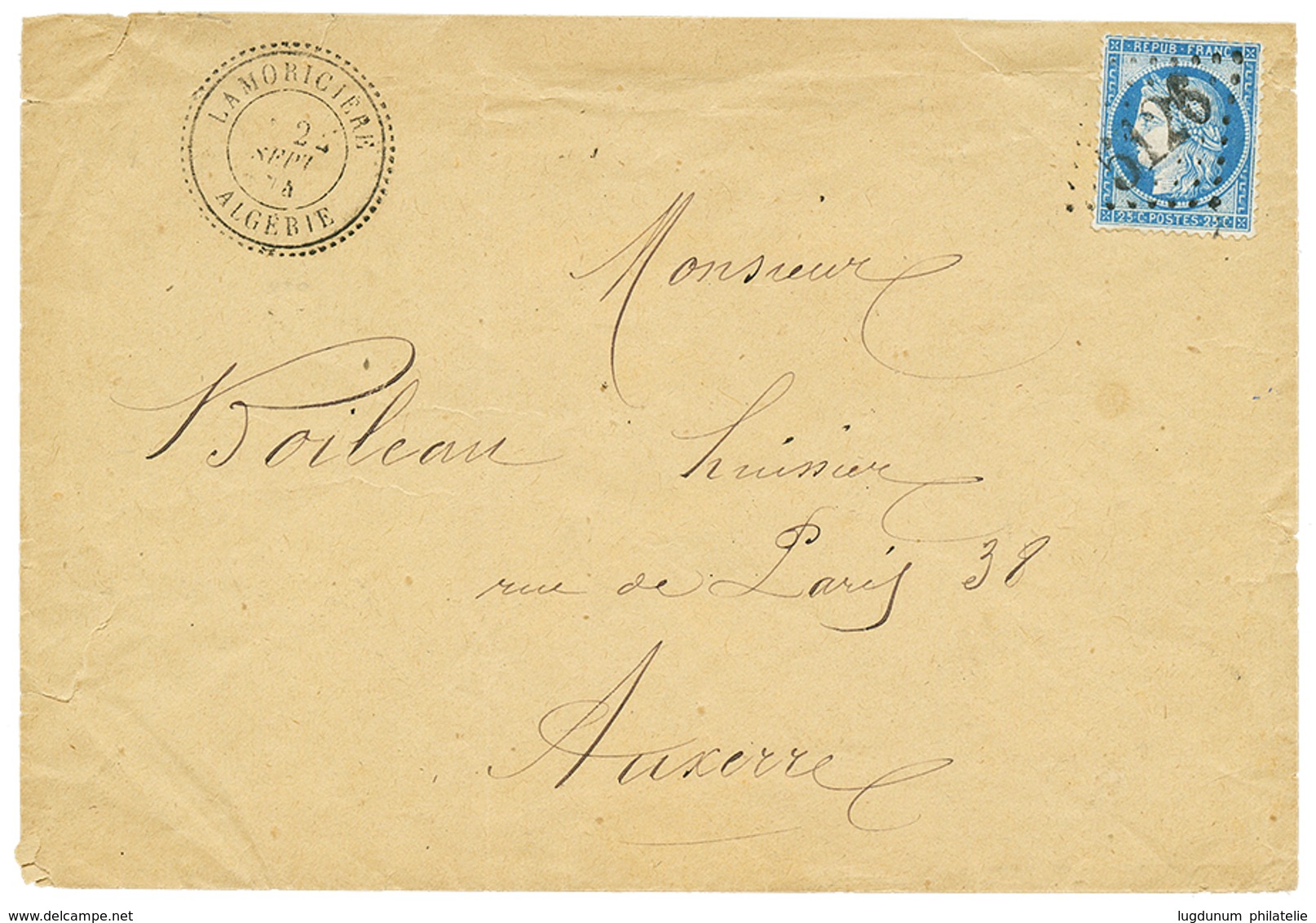 "LAMORICIERE" : 1874 25c CERES(n°60) Obl. GC 5126 + LAMORICIERE ALGERIE Sur Enveloppe Pour La FRANCE. Bureau Trés Rare.  - Sonstige & Ohne Zuordnung