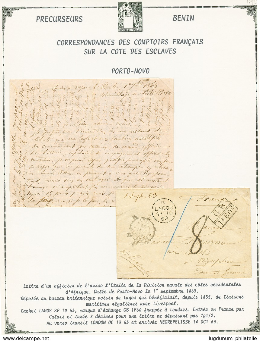 BENIN : 1863 GB/ 1F60 + Cachet Anglais LAGOS Sur Enveloppe Avec Texte Daté "PORTO-NOVO" Pour La FRANCE. TB. - Sonstige & Ohne Zuordnung
