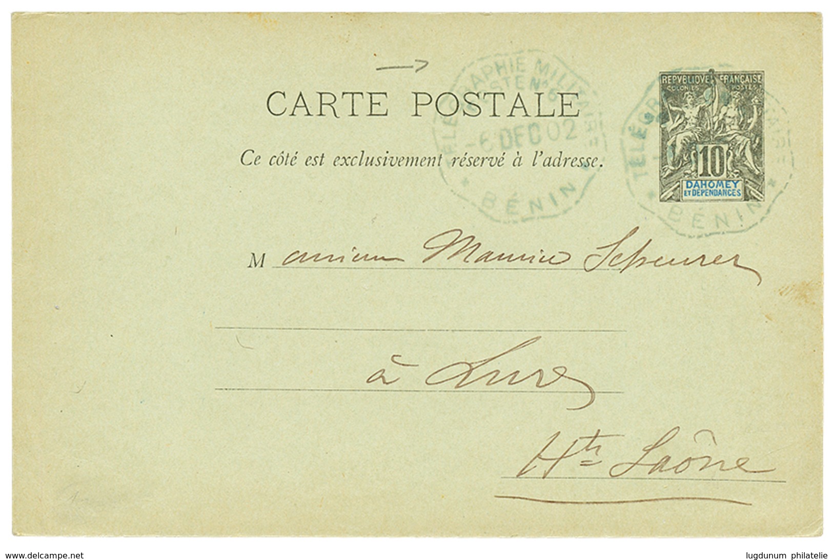 BENIN : 1902 DAHOMEY ENTIER 10c Obl. TELEGRAPHIE MILITAIRE POSTE N°6 Pour La FRANCE. RARE. TTB. - Sonstige & Ohne Zuordnung