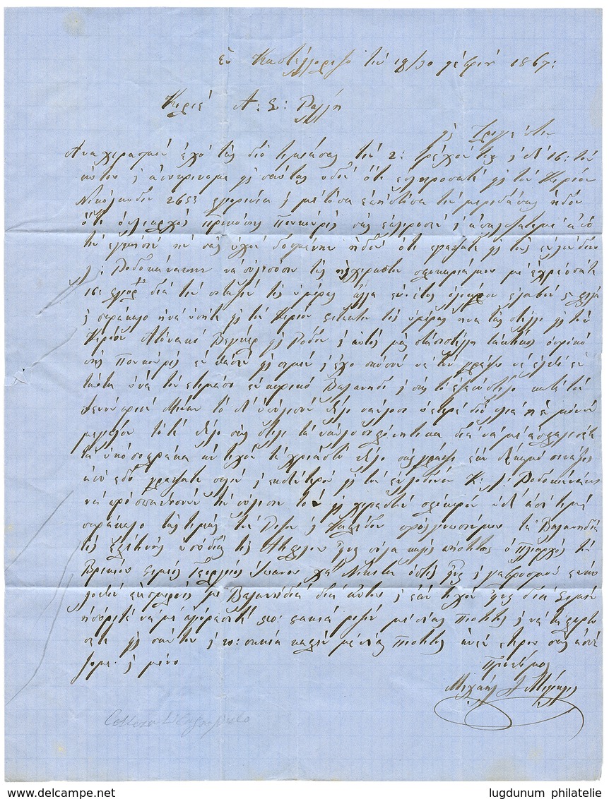 "CASTELLORIZO - PRECURSEUR" : 1867 Cachet Autrichien RHODES Sur Lettre Avec Texte De CASTELLORIZO Pour TRIESTE. GRANDE R - Sonstige & Ohne Zuordnung