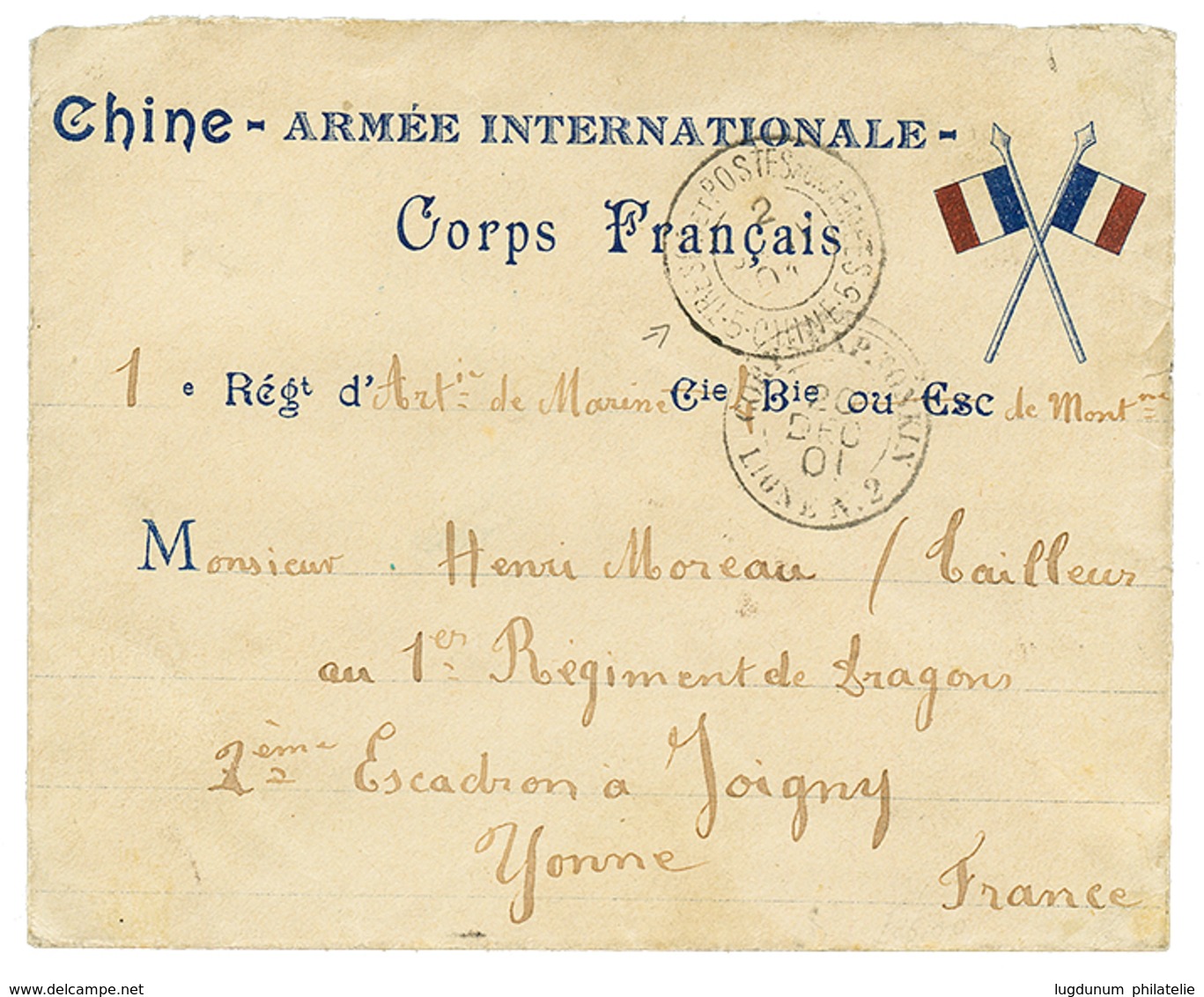 1901 TRESOR ET POSTES AUX ARMEES 5 CHINE 5 Sur Envelope "AUX DRAPEAUX" Pour La FRANCE. RARE. TTB. - Sonstige & Ohne Zuordnung