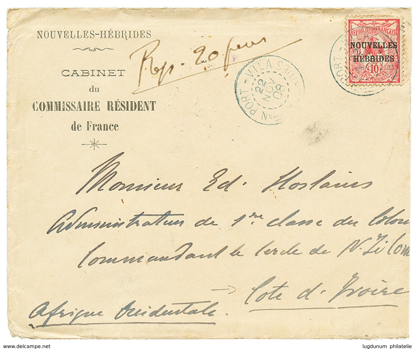 NOUVELLES HEBRIDES Pour La COTE D' IVOIRE : 1908 NOUVELLE HEBRIDES 10c Obl. PORT-VILA Sur Env. Avec Texte Pour Un Milita - Sonstige & Ohne Zuordnung