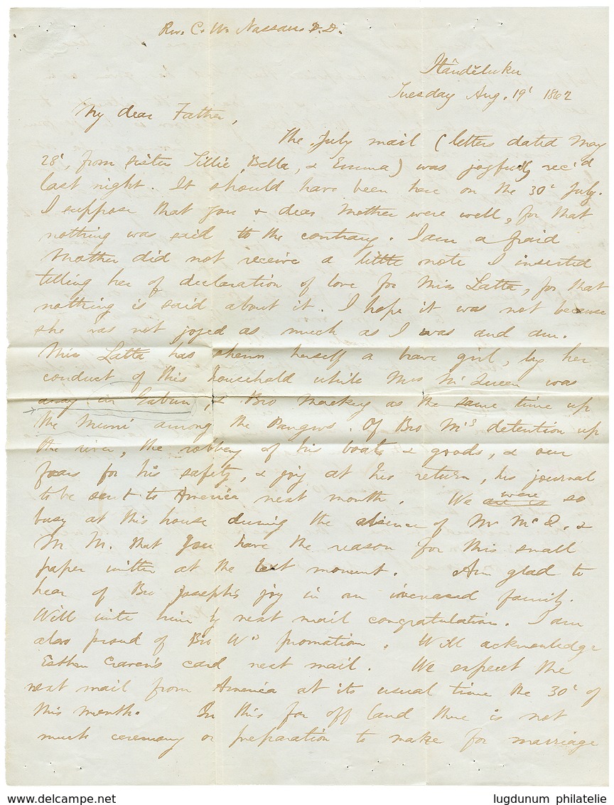 "MISSIONAIRE AMERICAIN En AFRIQUE De L' OUEST" : 1862 Timbre US à 3c Sur Enveloppe Avec Texte Daté "HANDELUKU 19 Aout 18 - Other & Unclassified