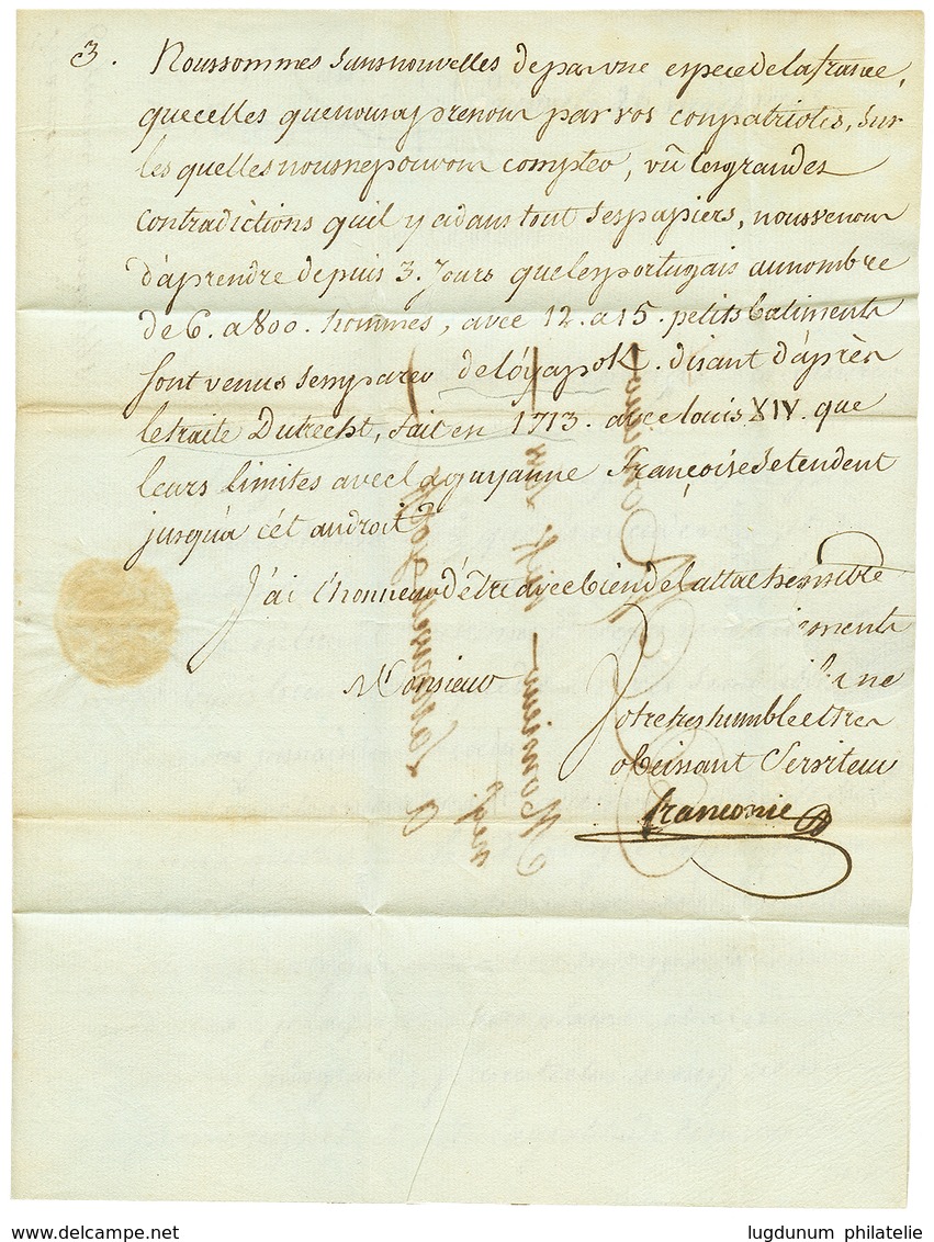"GUYANE - Occupation De L' OYAPOK Par Les PORTUGUAIS" : 1795 Taxe "4" Sur Lettre Avec Texte (3 Pages) De CAYENNE Pour NE - Sonstige & Ohne Zuordnung