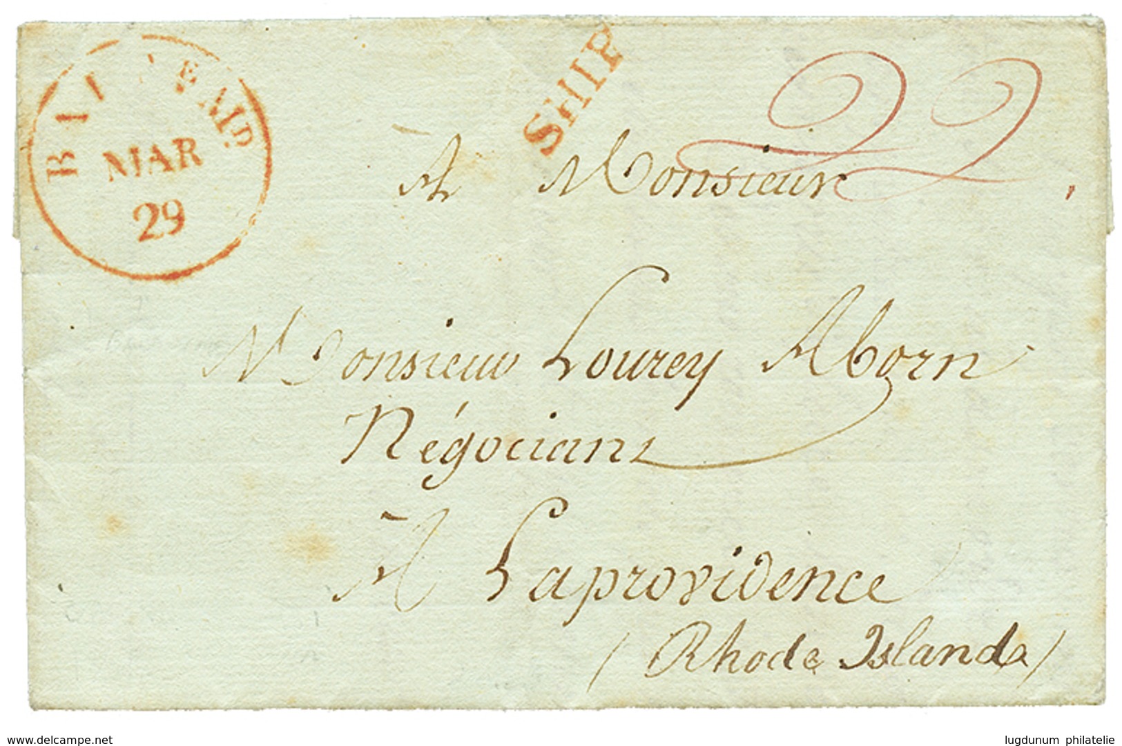 GUYANE : 1802 SHIP En Rouge Sur Lettre Avec Texte En Français Daté "CAYENNE" Pour RHODE ISLANDS (USA). Courrier Trés RAR - Sonstige & Ohne Zuordnung