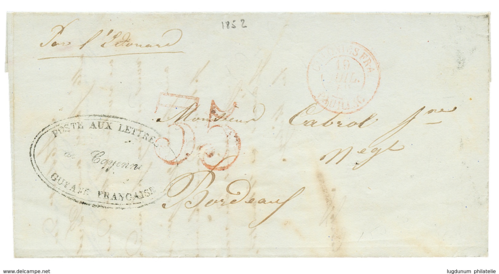 1852 POSTES AUX LETTRES à CAYENNE + Taxe 35 D.T Rouge (rare) Sur Lettre Avec Texte De CAYENNE. TTB. - Sonstige & Ohne Zuordnung