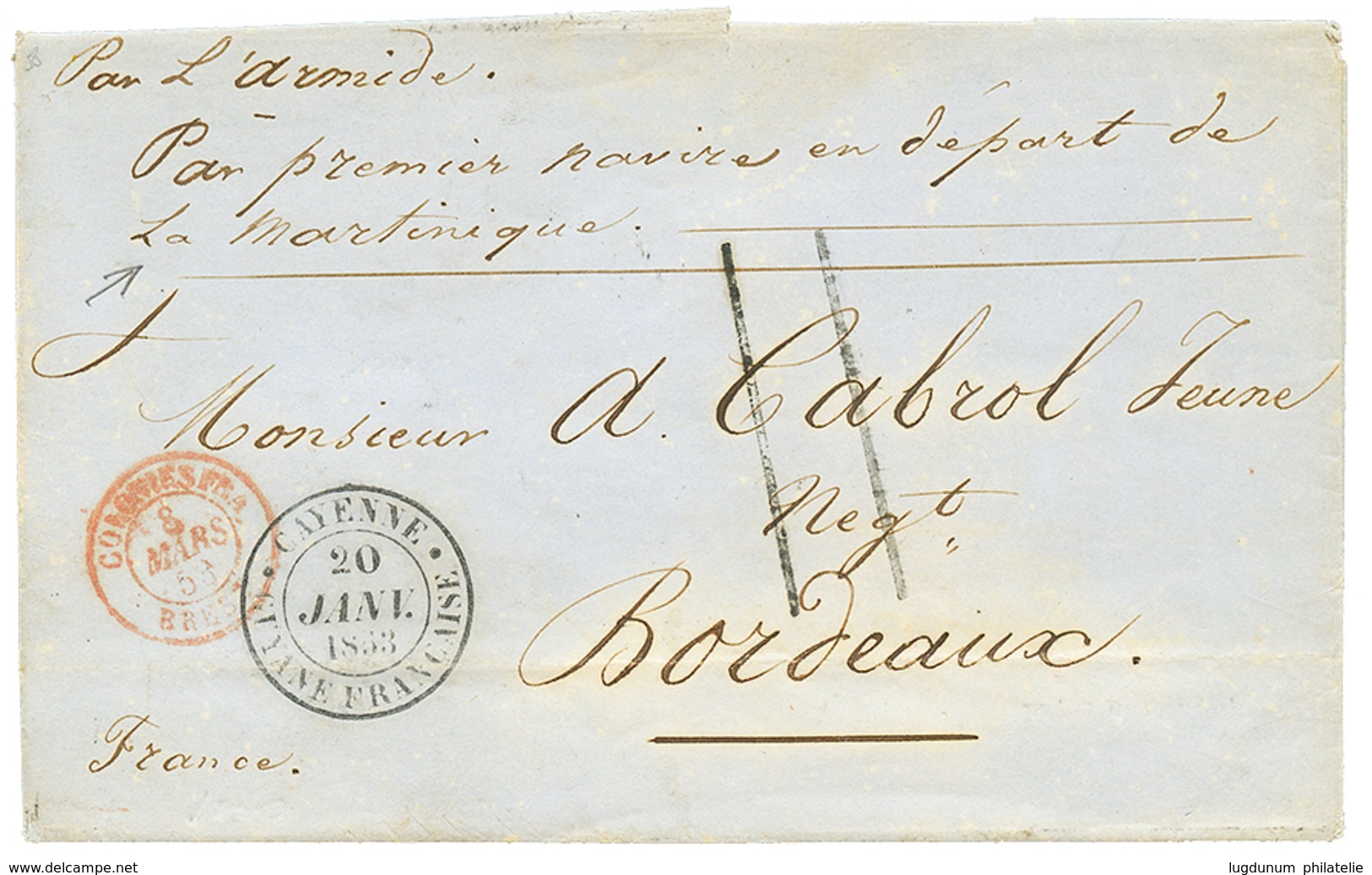 "Taxe 11 De Fabrication Locale" : 1853Grand Cachet CAYENNE + Rare Taxe "11" + COLONIES FRA BREST Rouge Sur Lettre Avec T - Sonstige & Ohne Zuordnung