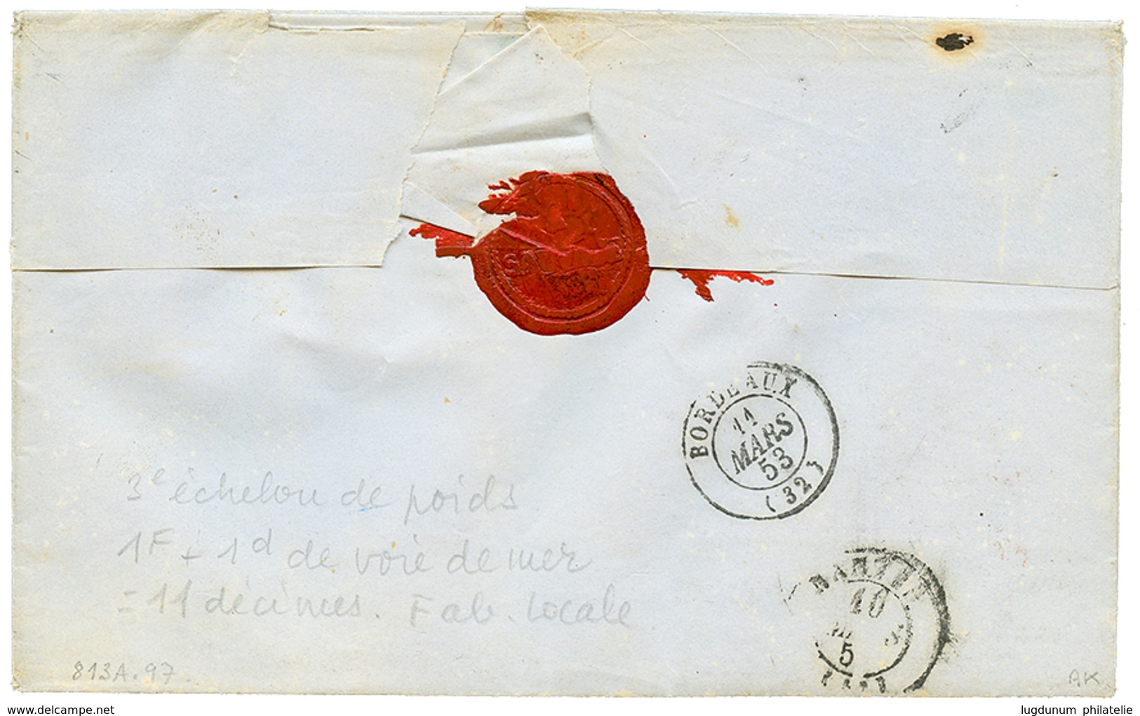 "Taxe 11 De Fabrication Locale" : 1853Grand Cachet CAYENNE + Rare Taxe "11" + COLONIES FRA BREST Rouge Sur Lettre Avec T - Sonstige & Ohne Zuordnung