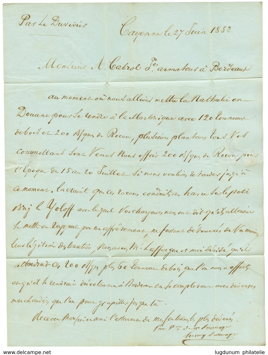 "FORWARDING Agent CUBA" : 1853 COLONIES ART 13 + Cachet Bleu MORISON / HAVANA Sur Lettre Avec Texte De CAYENNE Pour BORD - Sonstige & Ohne Zuordnung