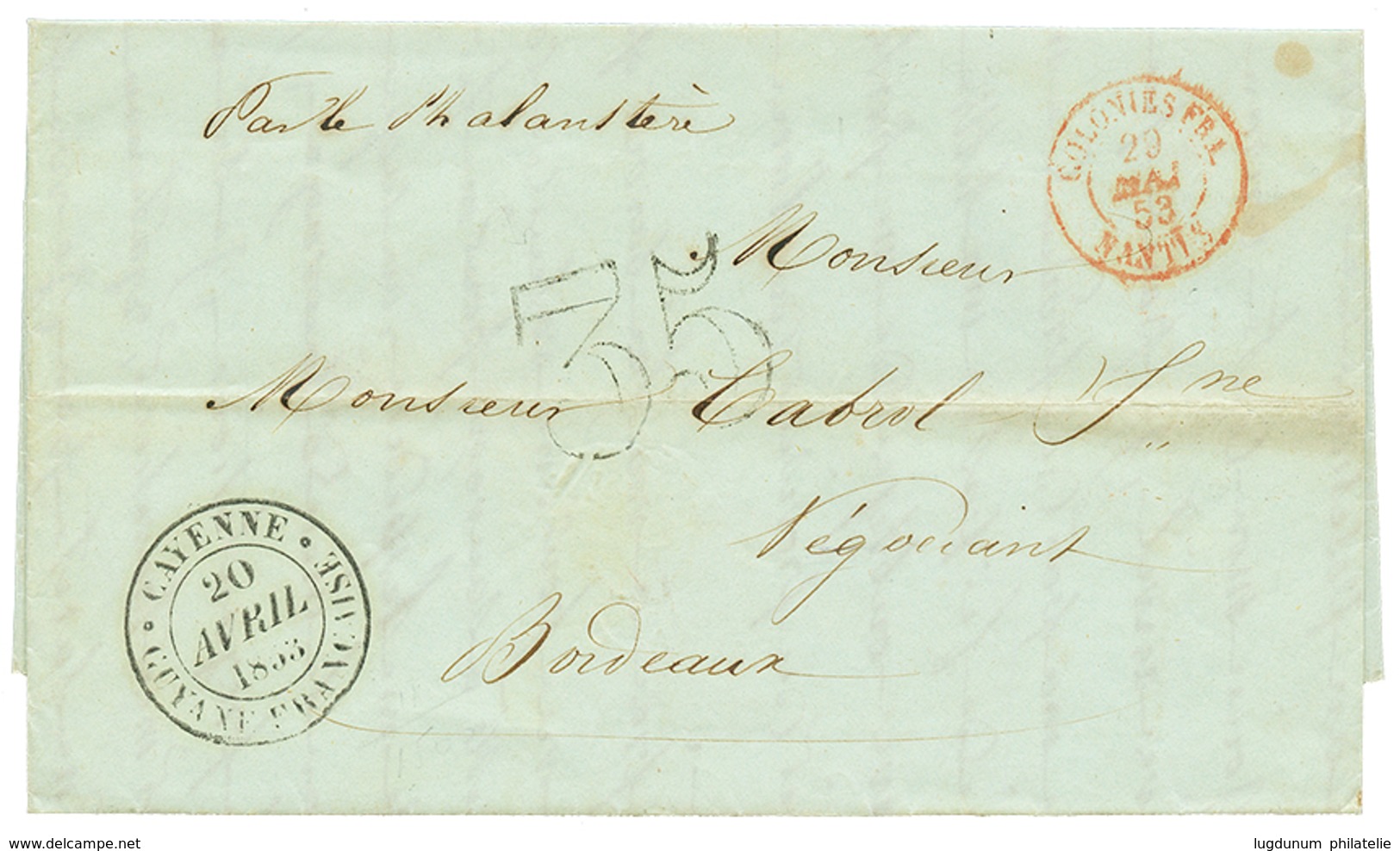 "KAW" : 1853 Taxe 35 D.T Noire + Gd Cachet CAYENNE Sur Lettre Avec Texte Daté "KAW" Pour BORDEAUX. Origine Rarissime à C - Sonstige & Ohne Zuordnung