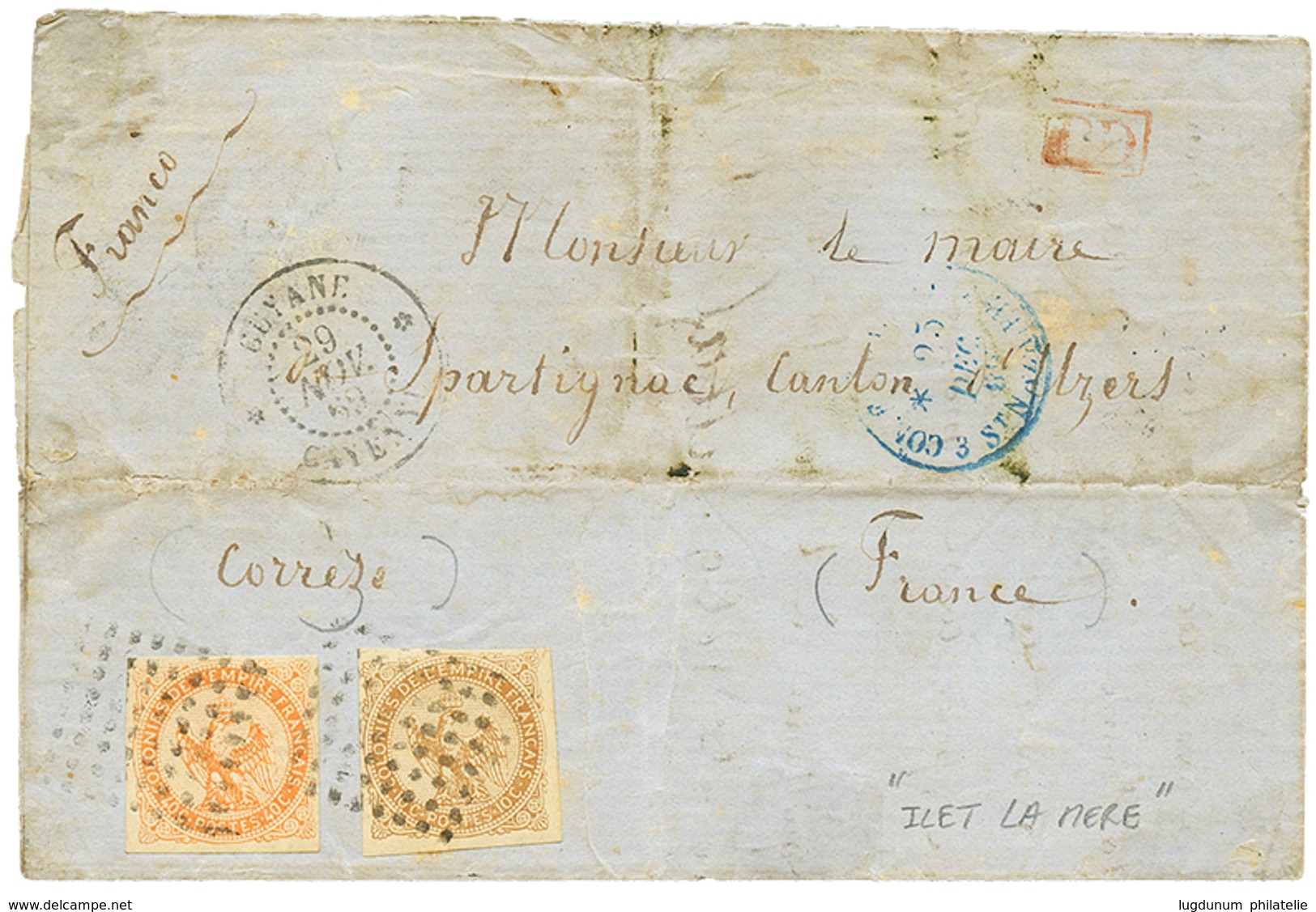 "Prisonnier à ILET LA MERE" : 1869 AIGLE 10c + 40c Obl. Carré De Points + GUYANE CAYENNE Sur Lettre (pd) Avec Texte Comp - Sonstige & Ohne Zuordnung