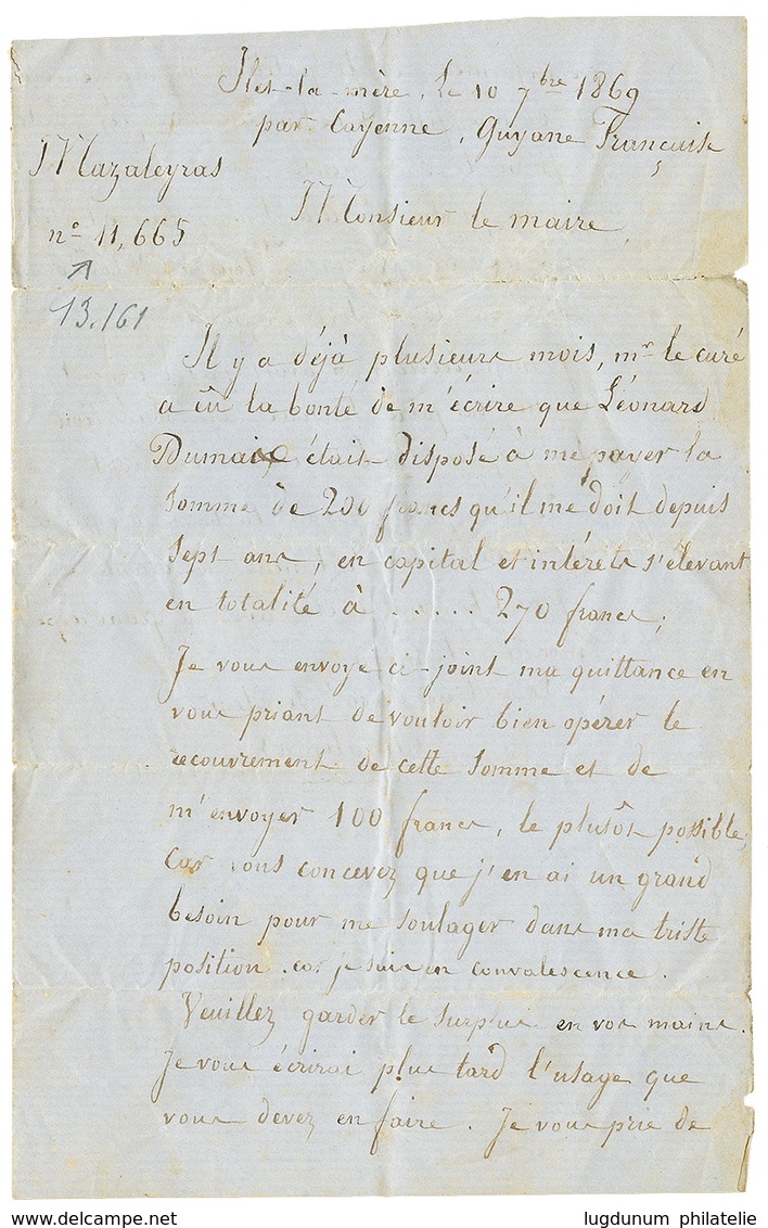 "Prisonnier à ILET LA MERE" : 1869 AIGLE 10c + 40c Obl. Carré De Points + GUYANE CAYENNE Sur Lettre (pd) Avec Texte Comp - Sonstige & Ohne Zuordnung