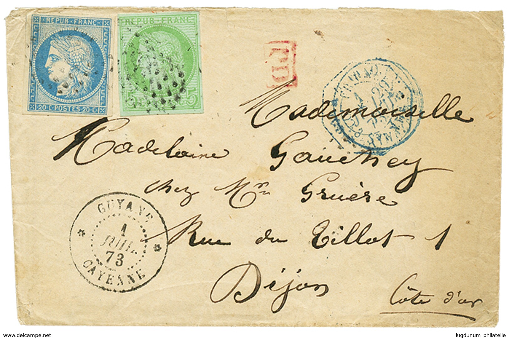 1873 CG 20c CERES (n°12) + 5c CERES (n°17) TTB Margés Obl. Sur Lettre De Militaire De CAYENNE Pour La FRANCE. RARE. TB. - Sonstige & Ohne Zuordnung