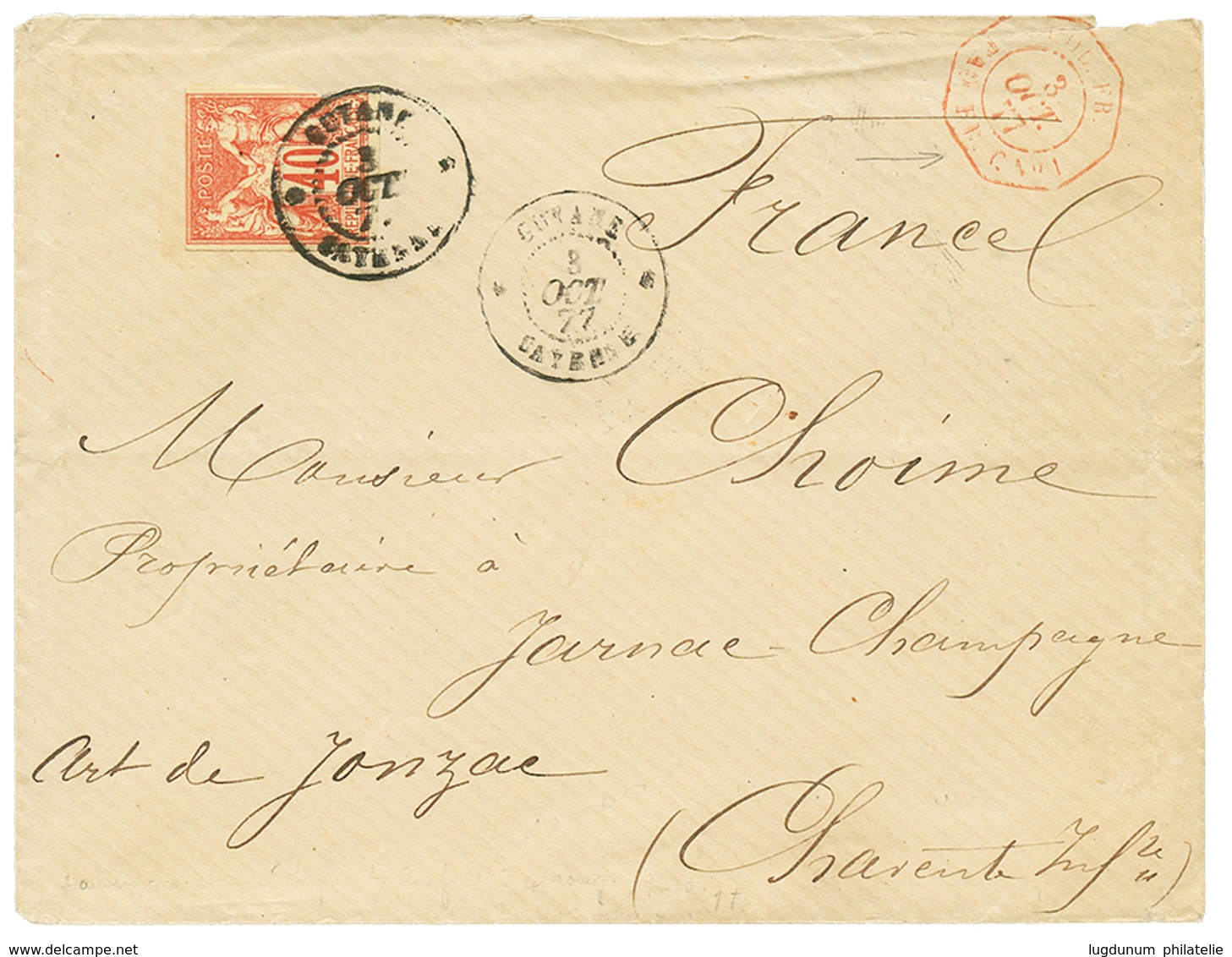 1877 CG 40c SAGE Pd Obl. GUYANE CAYENNE + COL. FR PAQ FR. C N°1 En Rouge Sur Enveloppe Pour La FRANCE. Verso, Cachet LIG - Sonstige & Ohne Zuordnung