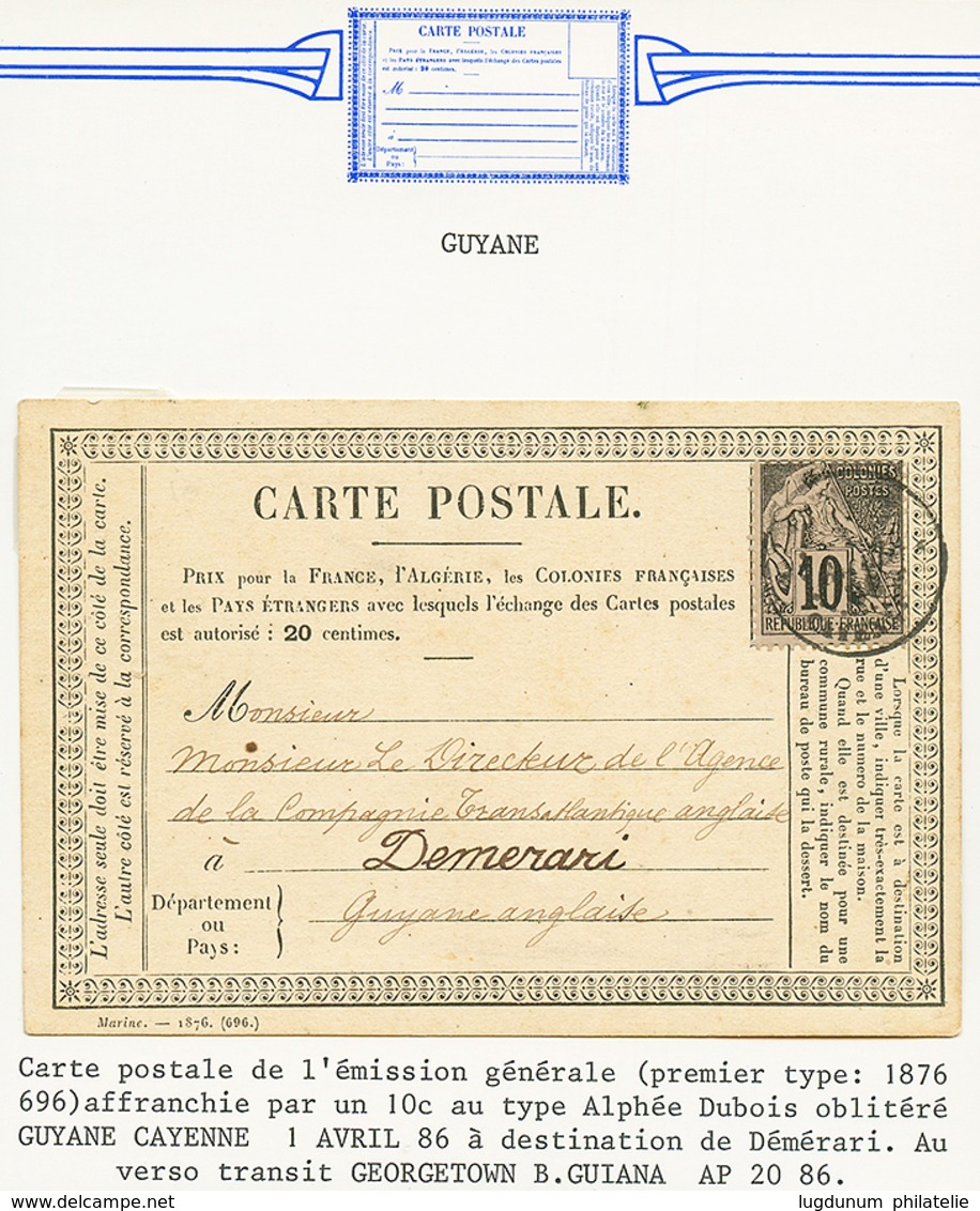 1886 CG 10c Obl. GUYANE CAYENNE Sur CARTE PRECURSEUR Pour DEMERARI GUYANE ANGLAISE. RARETE. TB. - Sonstige & Ohne Zuordnung