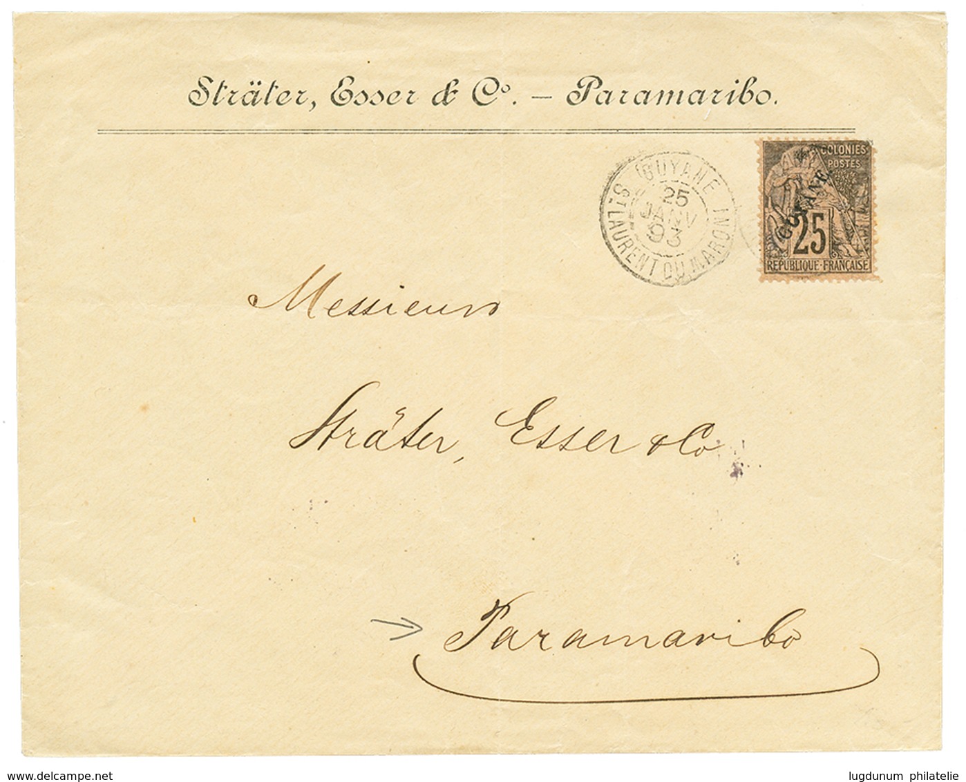 1893 25c Surchargé GUYANE Obl. ST LAURENT DU MARONI Sur Env. Pour PARAMARIBO (possession NEERLANDAISES). Verso, CAYENNE  - Sonstige & Ohne Zuordnung