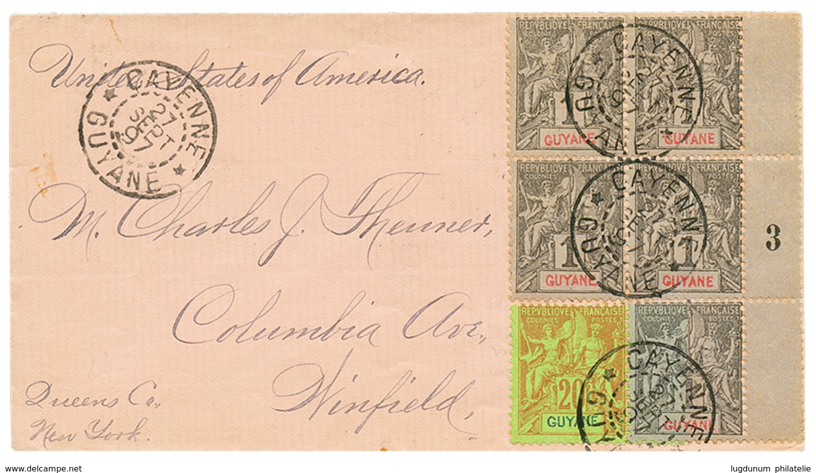 1897 1c(x5) + 20c Obl. CAYENNE GUYANE Sur Enveloppe RECOMMANDEE Pour WINFIELD (USA). Superbe. - Sonstige & Ohne Zuordnung