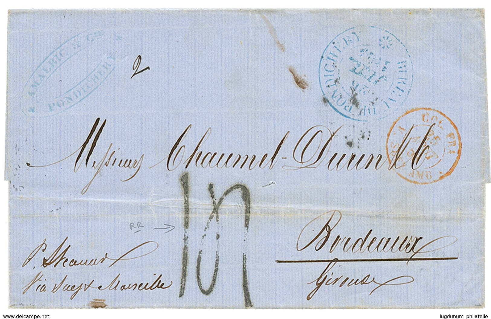 "Taxe 14" : 1863 Rare Cachet Taxe 14 + BUREAU DE PONDICHERY Sur Lettre En Double Port Pour La FRANCE. RARE. TTB. - Sonstige & Ohne Zuordnung