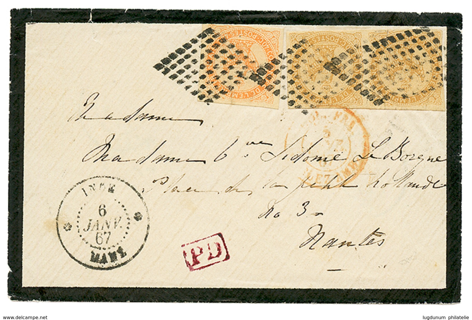 "INDES - Losange De MAHE" : 1867 AIGLE Paire Du 10c + 40c Obl. Losange De 64 Points (type Spécial) + INDE MAHE Sur Envel - Sonstige & Ohne Zuordnung