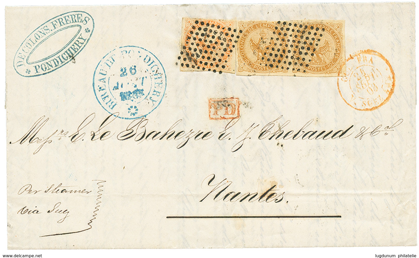 INDES : 1868 AIGLE Paire 10c + 40c Ob. Losange De 81 Points + Grand Cachet BUREAU DE PONDICHERY En Bleu Sur Lettre Pour  - Sonstige & Ohne Zuordnung