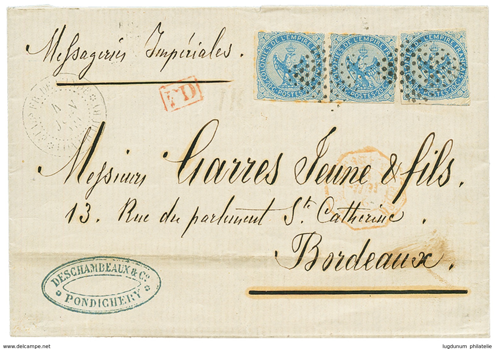 1869 AIGLE 20c(x3) + ETAB. FR DE L' INDE PONDICHERY Sur Lettre Pour La FRANCE. TB. - Sonstige & Ohne Zuordnung