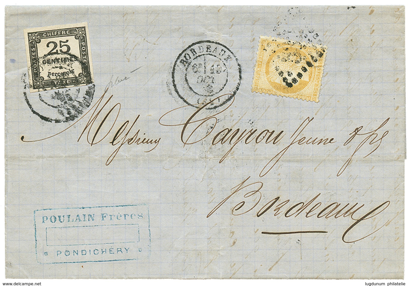 "PONDICHERY" : 1873 FRANCE 15c CERES Obl. GC 532 + BORDEAUX Sur Lettre Avec Texte Complet Daté PONDICHERY Pour BORDEAUX, - Sonstige & Ohne Zuordnung