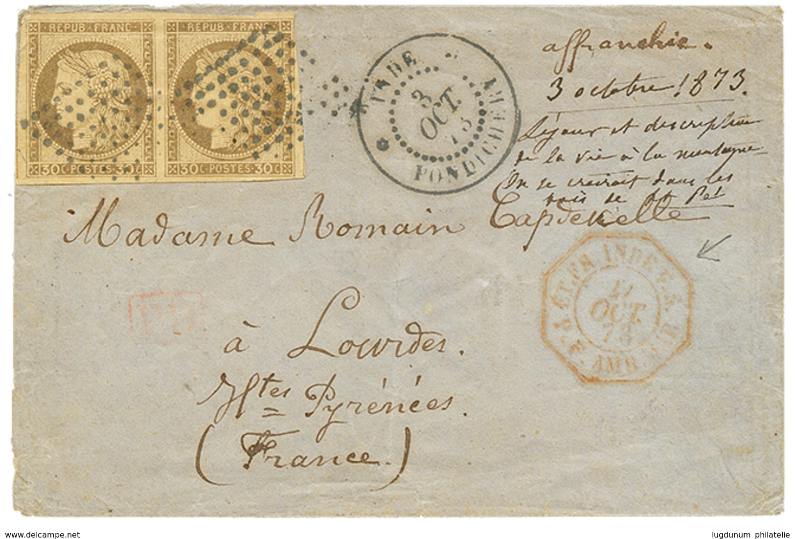 1873 CG Paire 30c CERES + INDE PONDICHERY + Cachet D'entrée Rouge ET.FR INDE P.F AMB. MAR. TTB. - Sonstige & Ohne Zuordnung