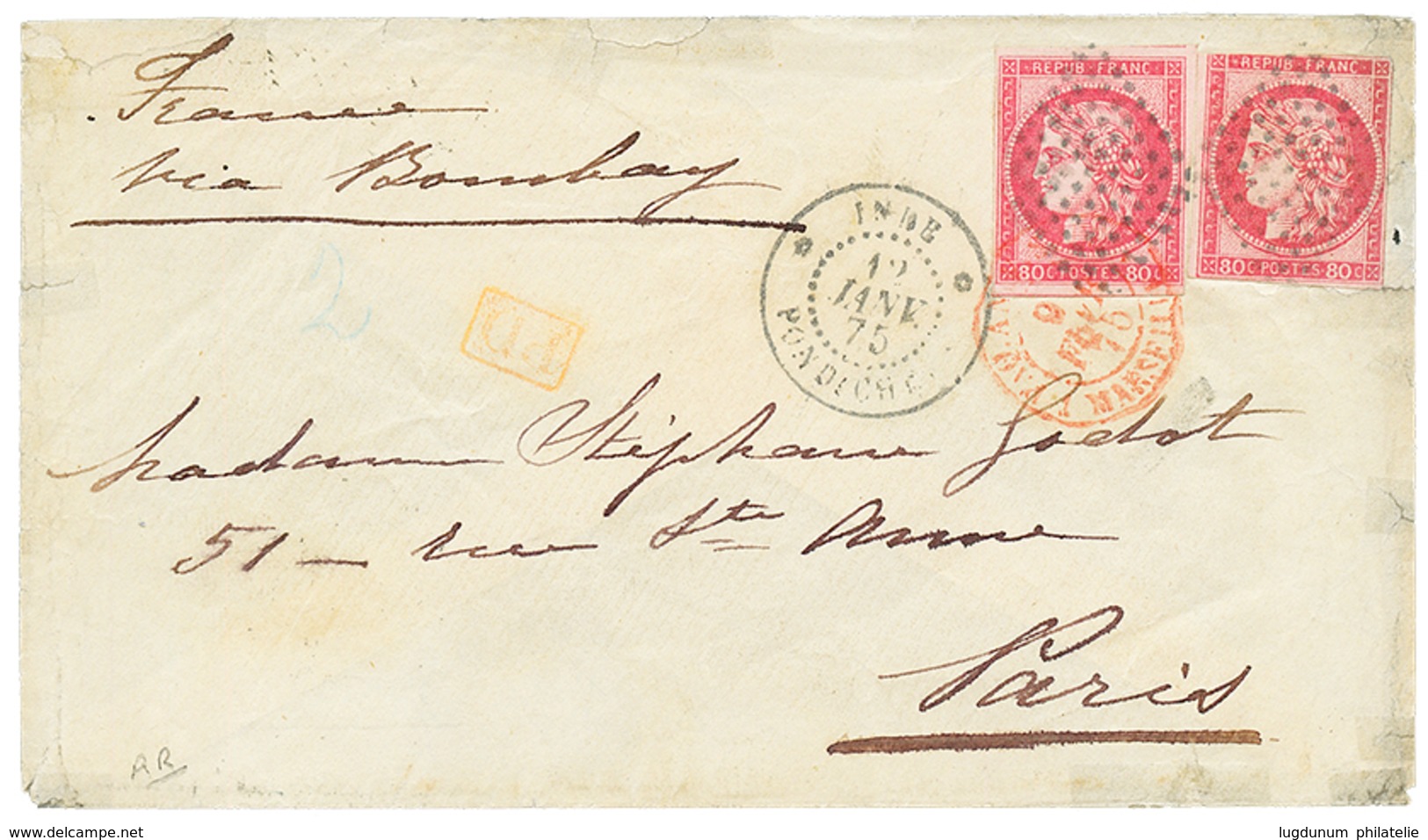 1875 CG 80c CERES(x2) Un Ex. Pd + INDE PONDICHERY Sur Env(pd) Pour PARIS. Affrt Rare à 1F60. TB. - Sonstige & Ohne Zuordnung