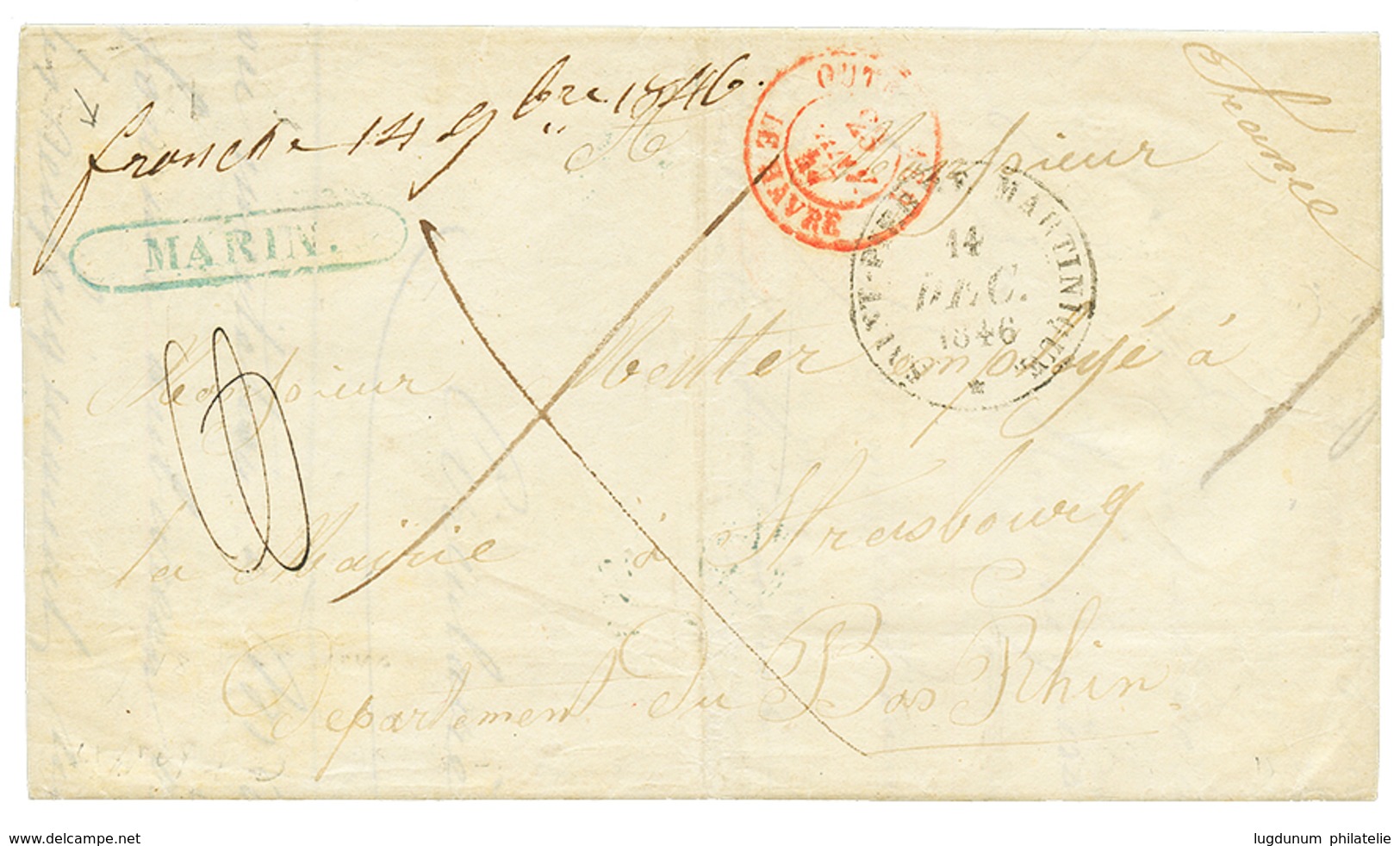 MARTINIQUE : 1846 Cachet Rare MARIN + "FRANCHE 14 9bre 1846" Sur Lettre Avec Texte De MARIN Pour La FRANCE. Quelques Let - Sonstige & Ohne Zuordnung