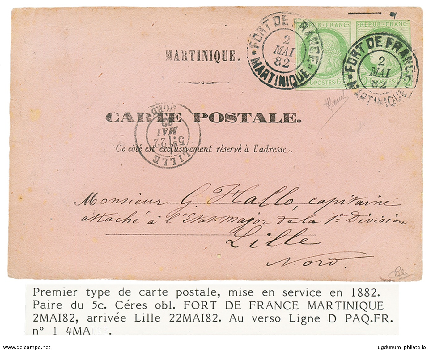 1882 CG Paire 5c CERES Obl. FORT DE FRANCE MARTINIQUE Sur CARTE (type Spécial) Pour La FRANCE. TTB. - Sonstige & Ohne Zuordnung